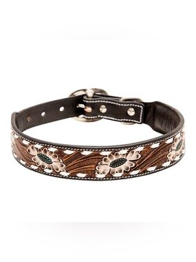 Myra Hotshots Hand Tooled Dog Collar Leather Buckstitch Large 18”-22”